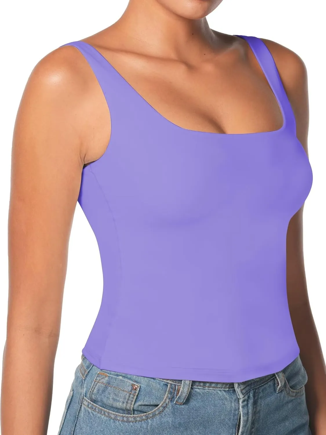Sunzel Women's Square Neck Tank Top Longline Workout Yoga Sleeveless Double Lined Basic Tight T Shirts Going Out Casual Tops