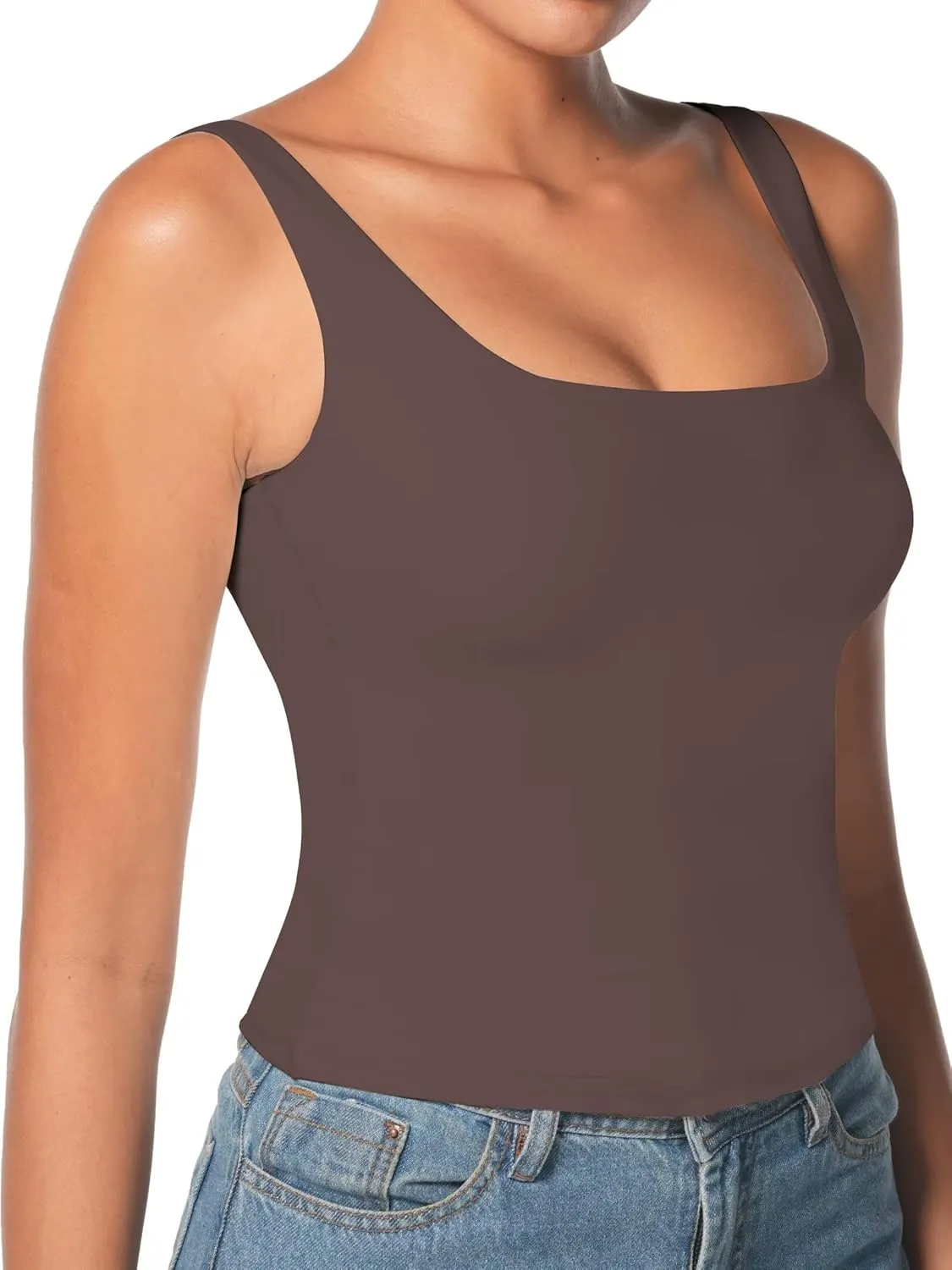 Sunzel Women's Square Neck Tank Top Longline Workout Yoga Sleeveless Double Lined Basic Tight T Shirts Going Out Casual Tops