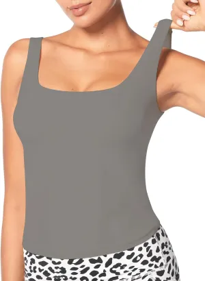Sunzel Women's Square Neck Tank Top Longline Workout Yoga Sleeveless Double Lined Basic Tight T Shirts Going Out Casual Tops