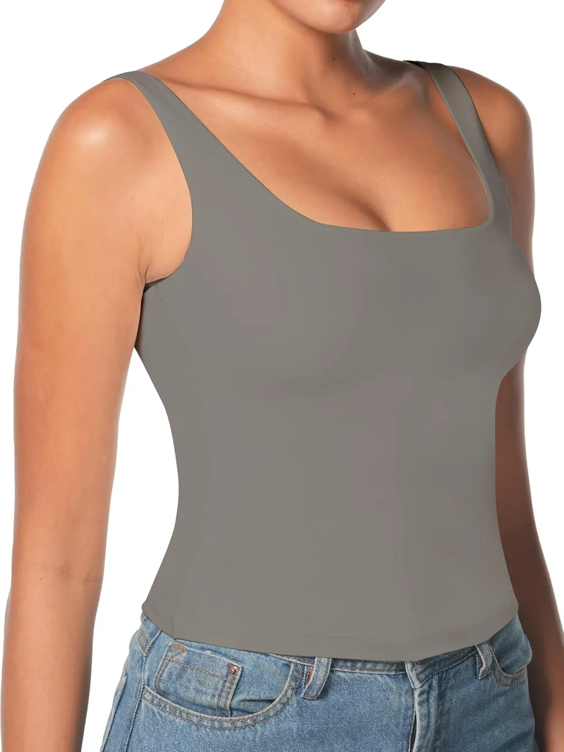 Sunzel Women's Square Neck Tank Top Longline Workout Yoga Sleeveless Double Lined Basic Tight T Shirts Going Out Casual Tops