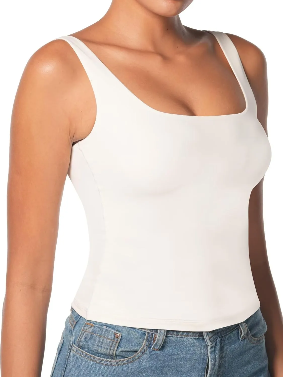 Sunzel Women's Square Neck Tank Top Longline Workout Yoga Sleeveless Double Lined Basic Tight T Shirts Going Out Casual Tops