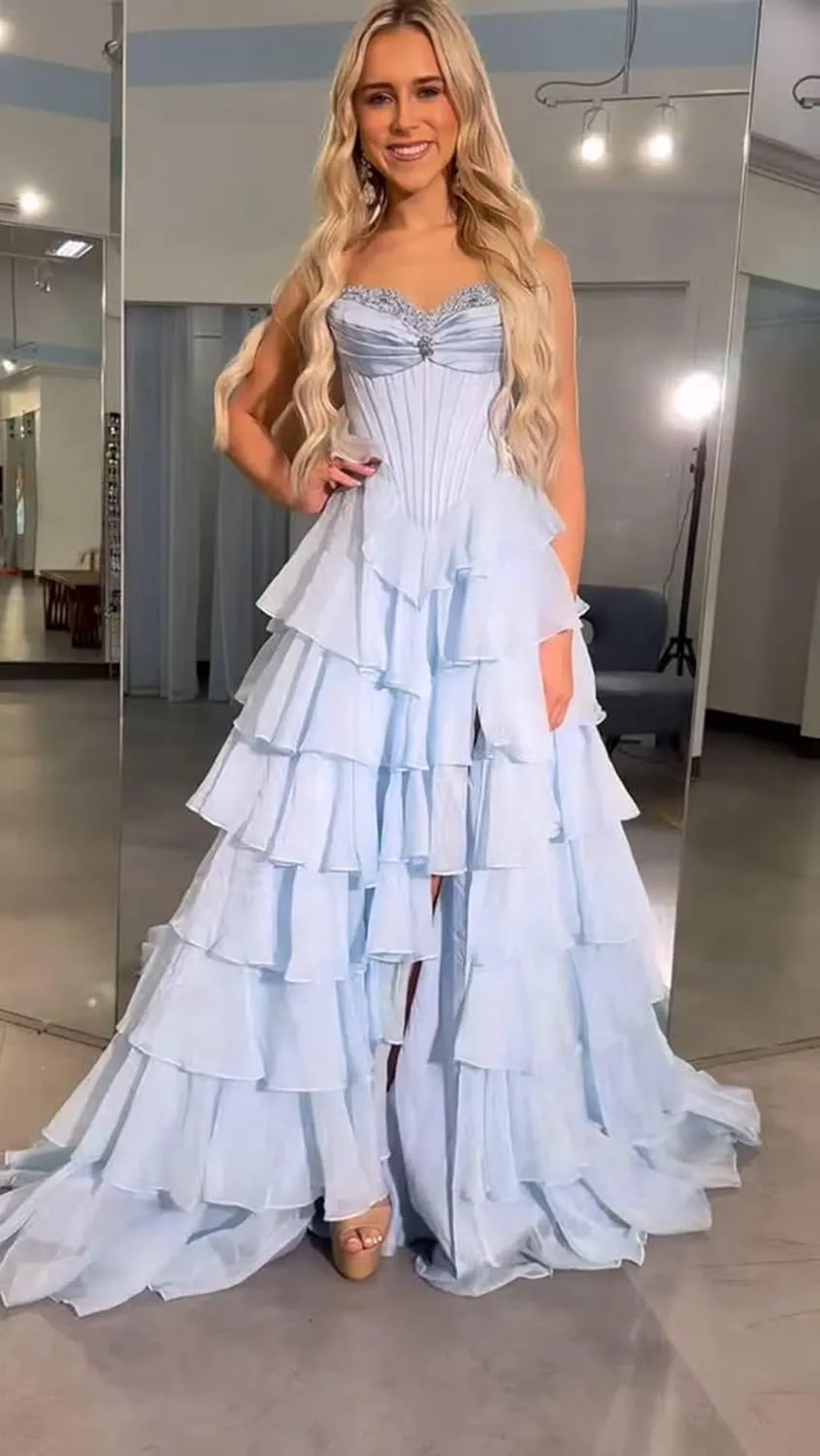 Sweetheart Tiered Prom Dress for Women Chiffon Strapless Formal Evening Dresses with Slit