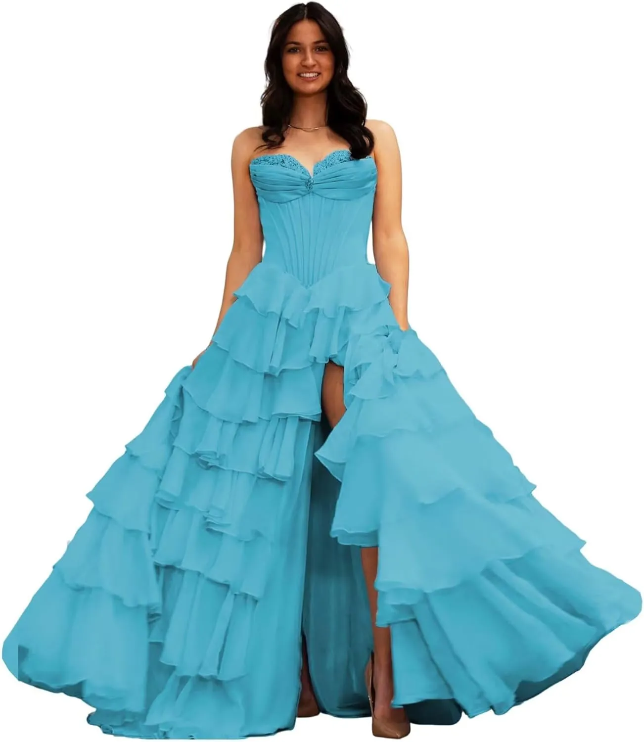 Sweetheart Tiered Prom Dress for Women Chiffon Strapless Formal Evening Dresses with Slit