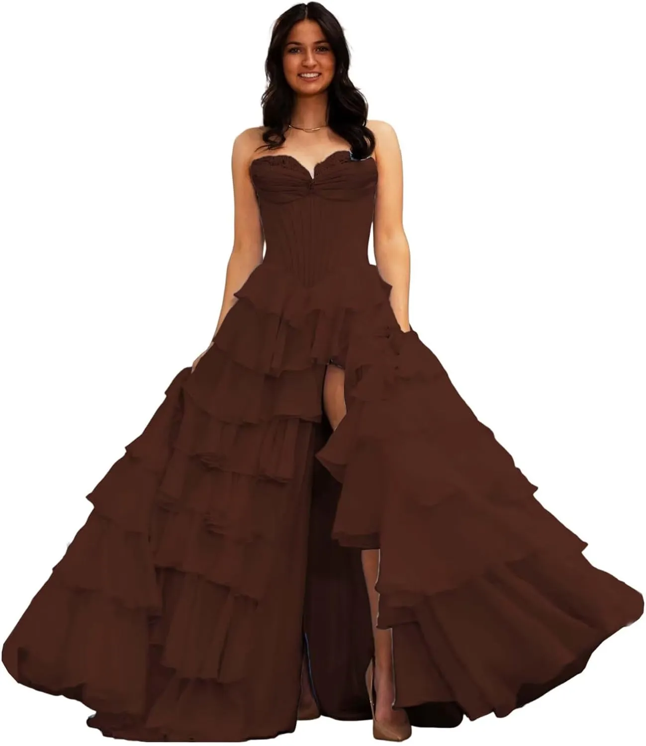 Sweetheart Tiered Prom Dress for Women Chiffon Strapless Formal Evening Dresses with Slit