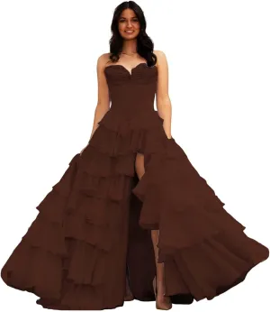 Sweetheart Tiered Prom Dress for Women Chiffon Strapless Formal Evening Dresses with Slit