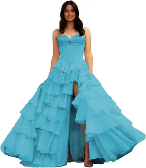 Sweetheart Tiered Prom Dress for Women Chiffon Strapless Formal Evening Dresses with Slit