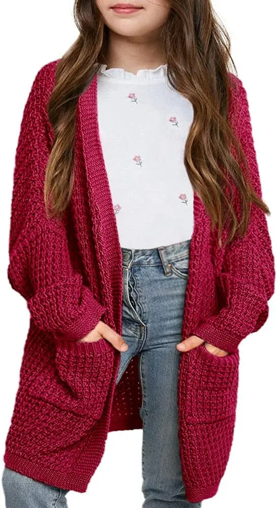 SySea Girls Batwing Long Sleeve Cardigan Open Front Chunky Knit Sweaters Coats with Pockets