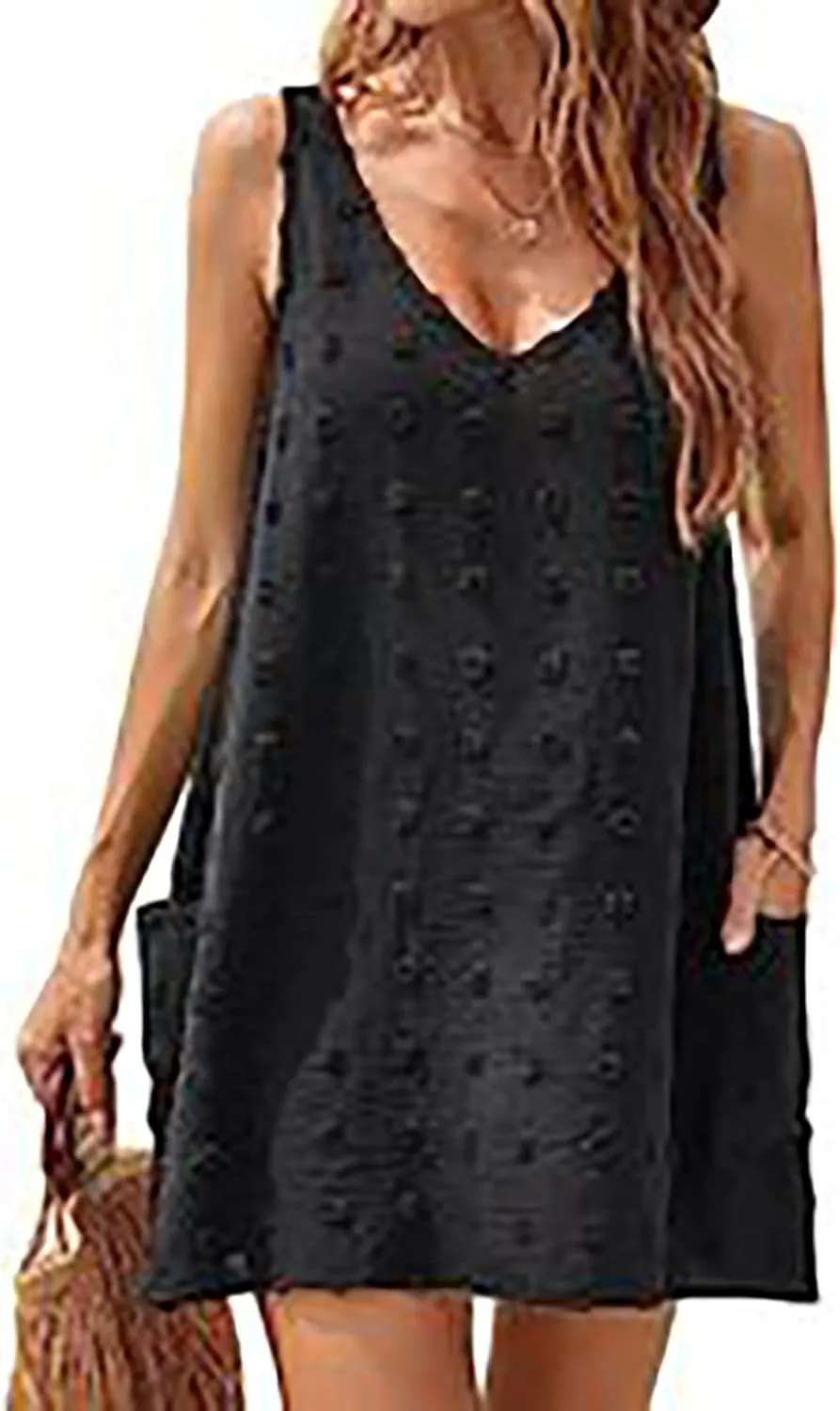 TANGNADE Womens Casual Tank Dress Swiss Polka Dot Swimwear Beach Cover Up Summer Sundress V-Neck Mini Dress with Pockets