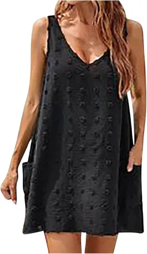 TANGNADE Womens Casual Tank Dress Swiss Polka Dot Swimwear Beach Cover Up Summer Sundress V-Neck Mini Dress with Pockets