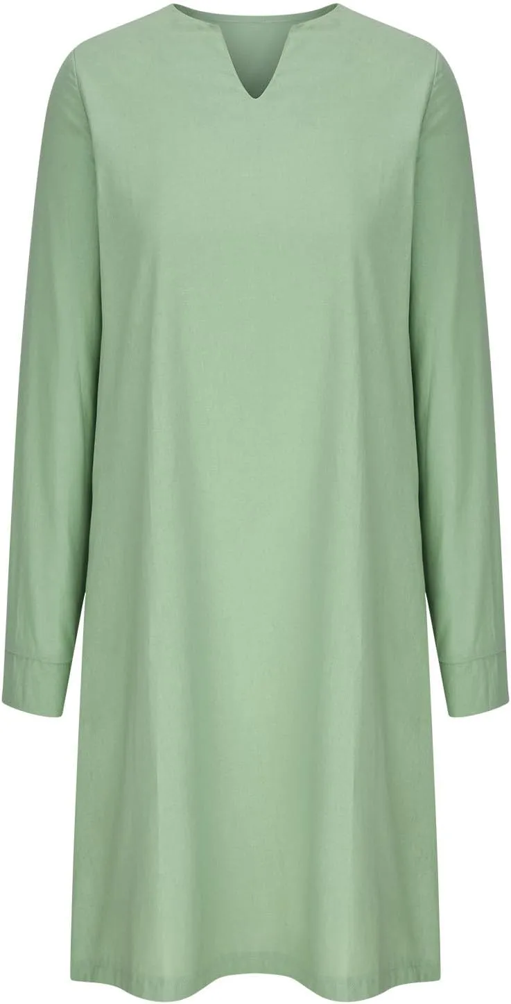 TANGNADE Womens Cotton Linen Midi Dresses Summer Long Sleeve V-Neck Casual Loose Beach Dress Travel Vacation Clothing