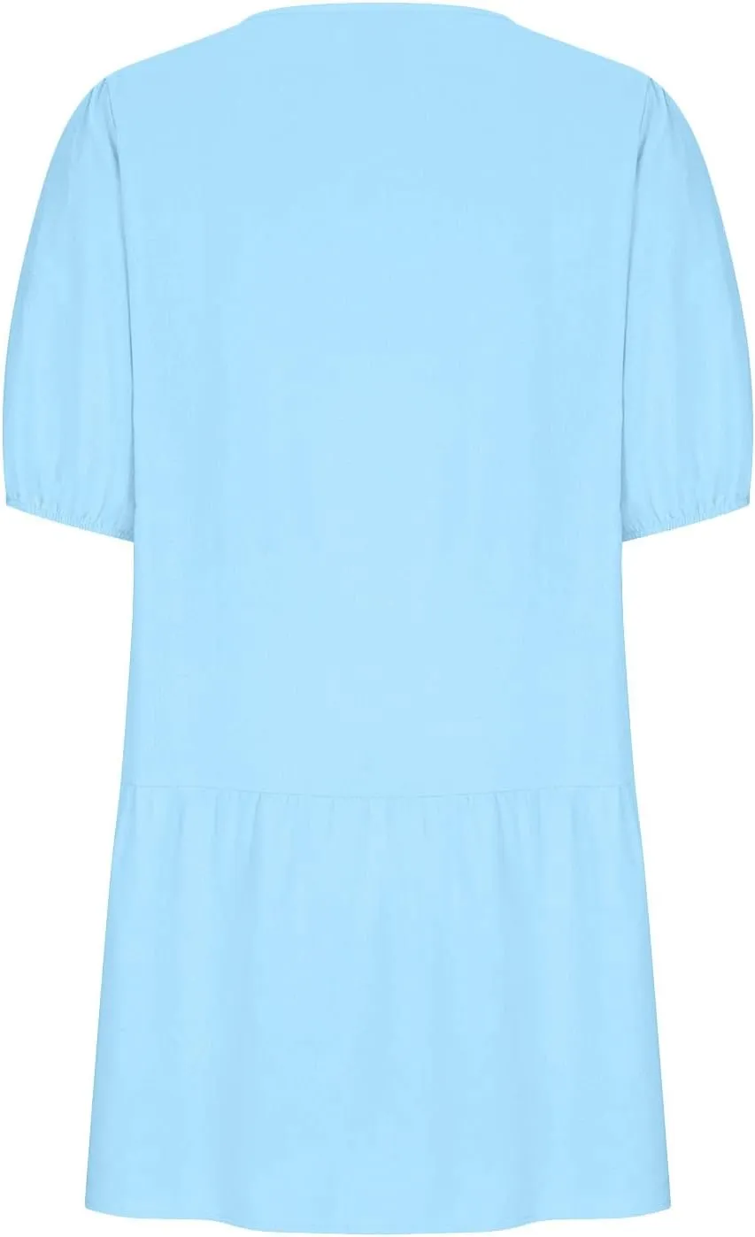 TANGNADE Womens Cotton Linen Mini Dress Casual Short Sleeve Round Neck Beach Sundress Solid Loose Travel Clothing