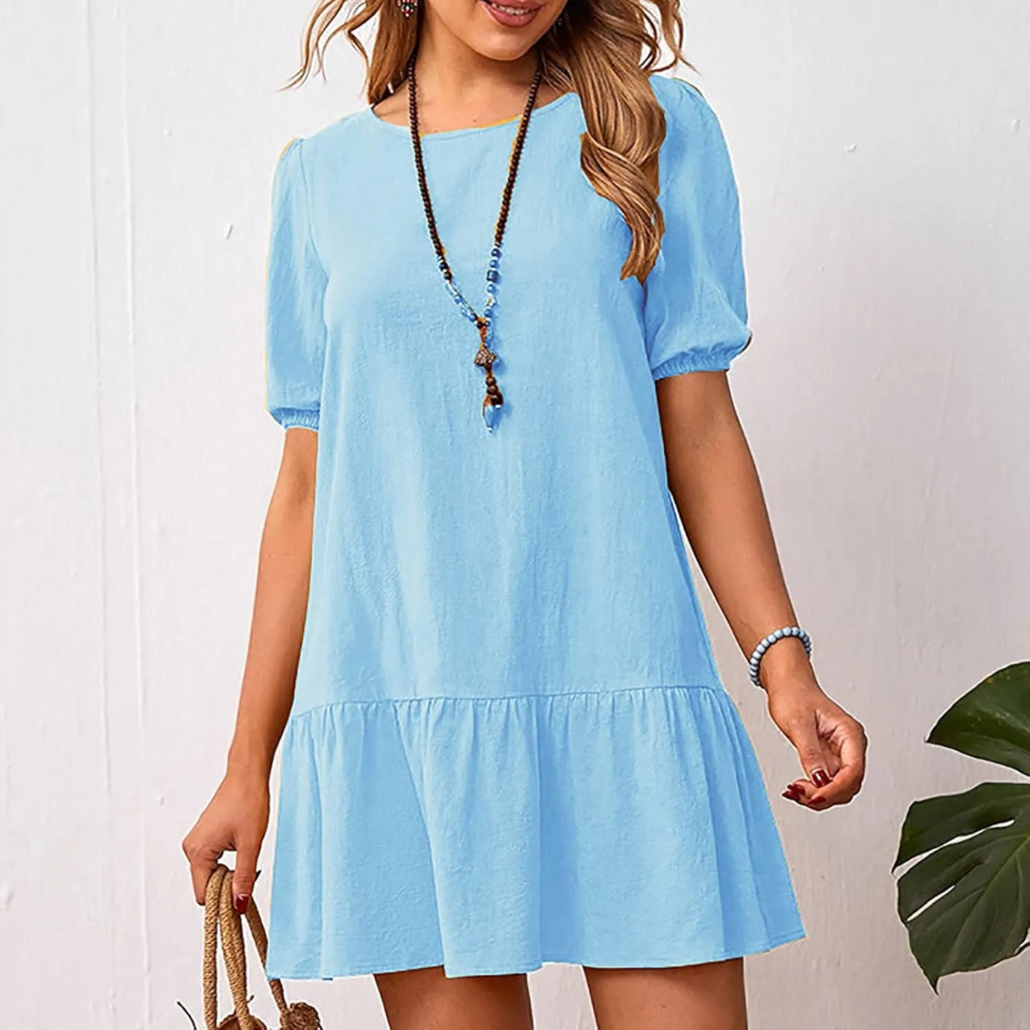 TANGNADE Womens Cotton Linen Mini Dress Casual Short Sleeve Round Neck Beach Sundress Solid Loose Travel Clothing