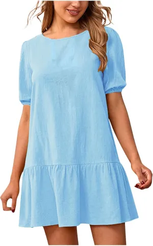 TANGNADE Womens Cotton Linen Mini Dress Casual Short Sleeve Round Neck Beach Sundress Solid Loose Travel Clothing