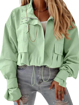 Tankaneo Womens Cropped Bomber Jacket Long Sleeve Zip Up Casual Coats Loose Fit Outerwear with Pockets
