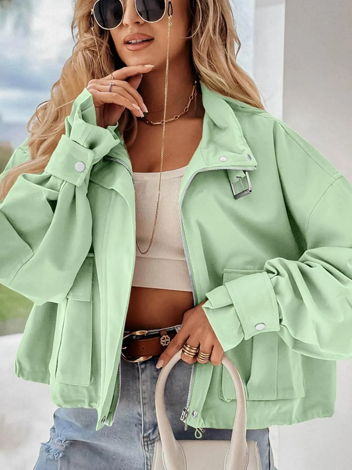 Tankaneo Womens Cropped Bomber Jacket Long Sleeve Zip Up Casual Coats Loose Fit Outerwear with Pockets