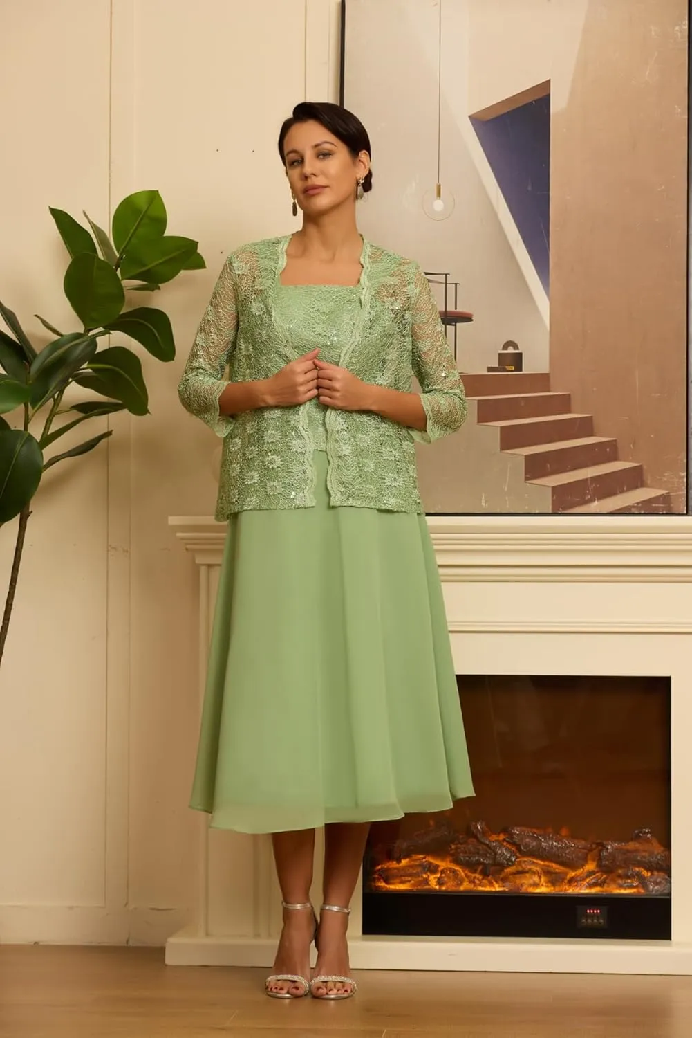 Tea Length Mother of The Bride Dresses with Jackets 2 Pieces Chiffon Floral Laces Sequins Formal Evening Dresses