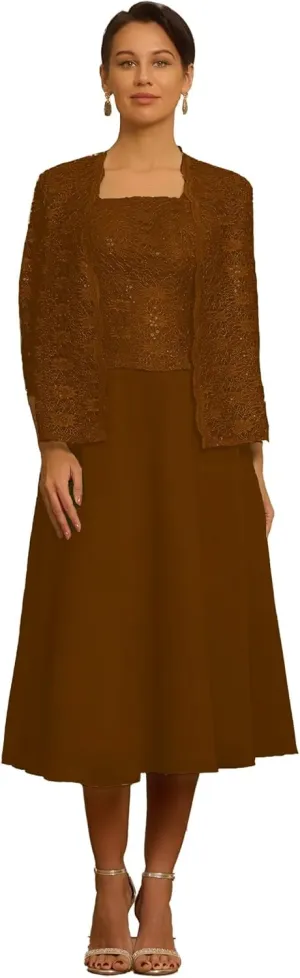 Tea Length Mother of The Bride Dresses with Jackets 2 Pieces Chiffon Floral Laces Sequins Formal Evening Dresses