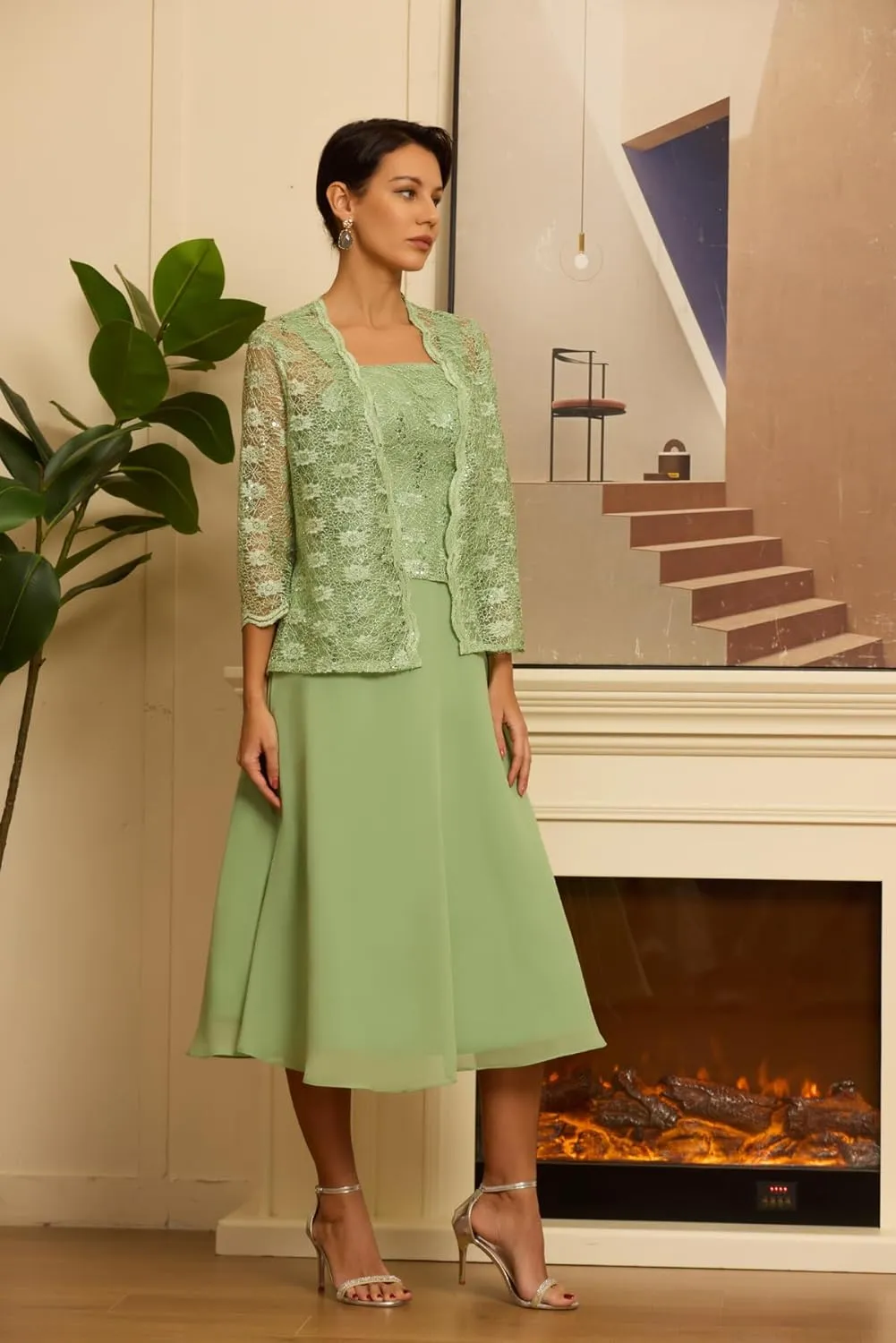 Tea Length Mother of The Bride Dresses with Jackets 2 Pieces Chiffon Floral Laces Sequins Formal Evening Dresses