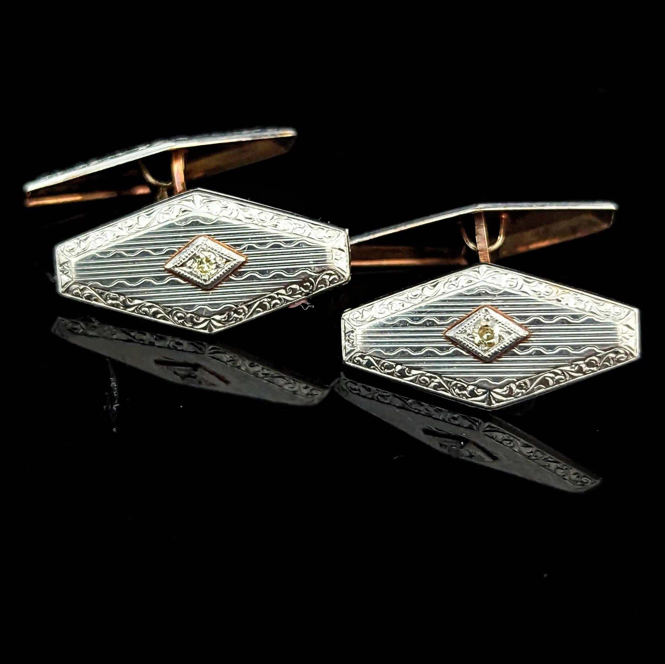 The Toronto - Art Deco Diamond 14k Gold Platinum Men's Cuflinks