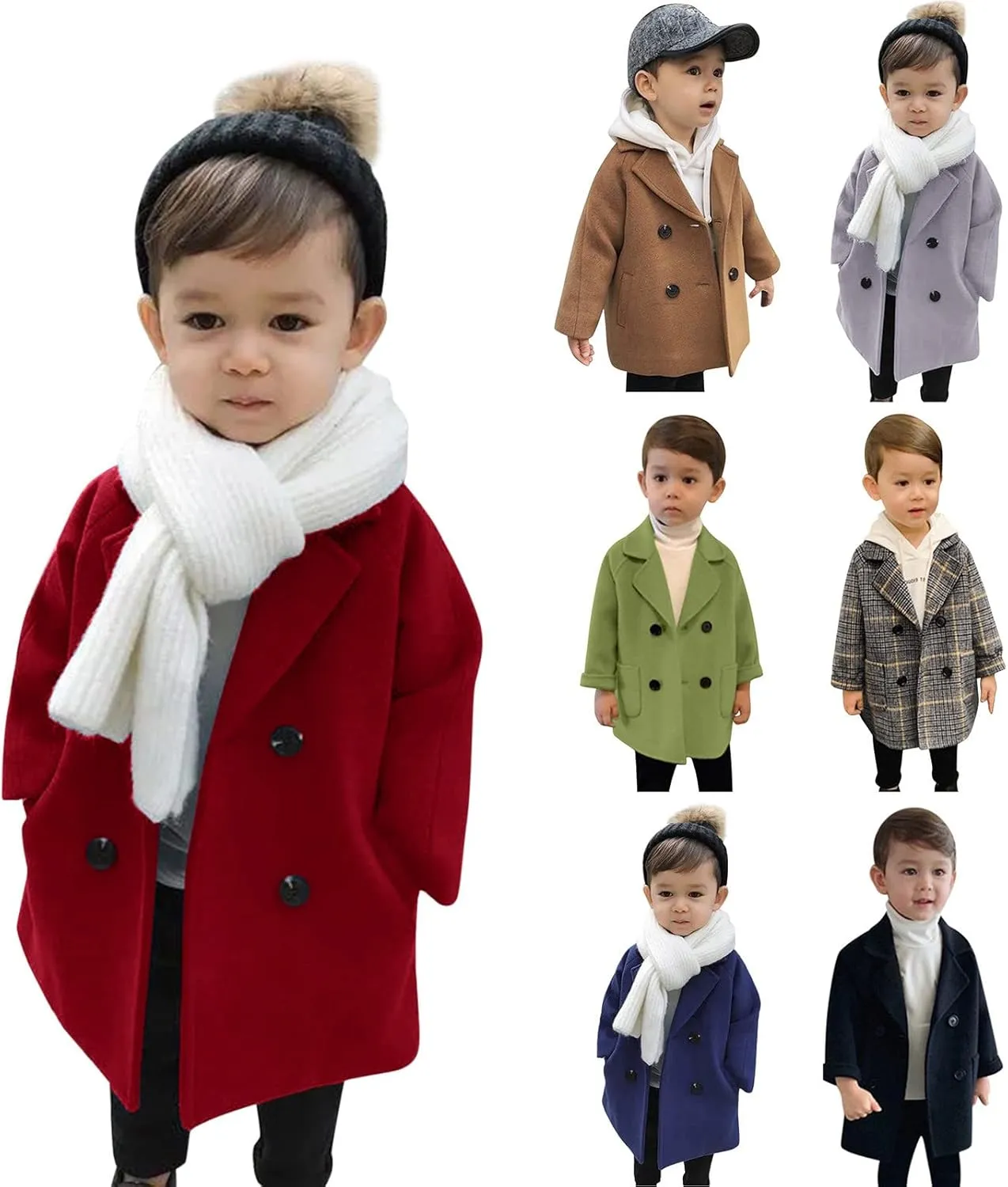 Toddler Kids Plaid Coat Elegant Notched Collar Double Breasted Wool Blend Over Pea Coat Baby Boys Girls Trench Coat Jacket