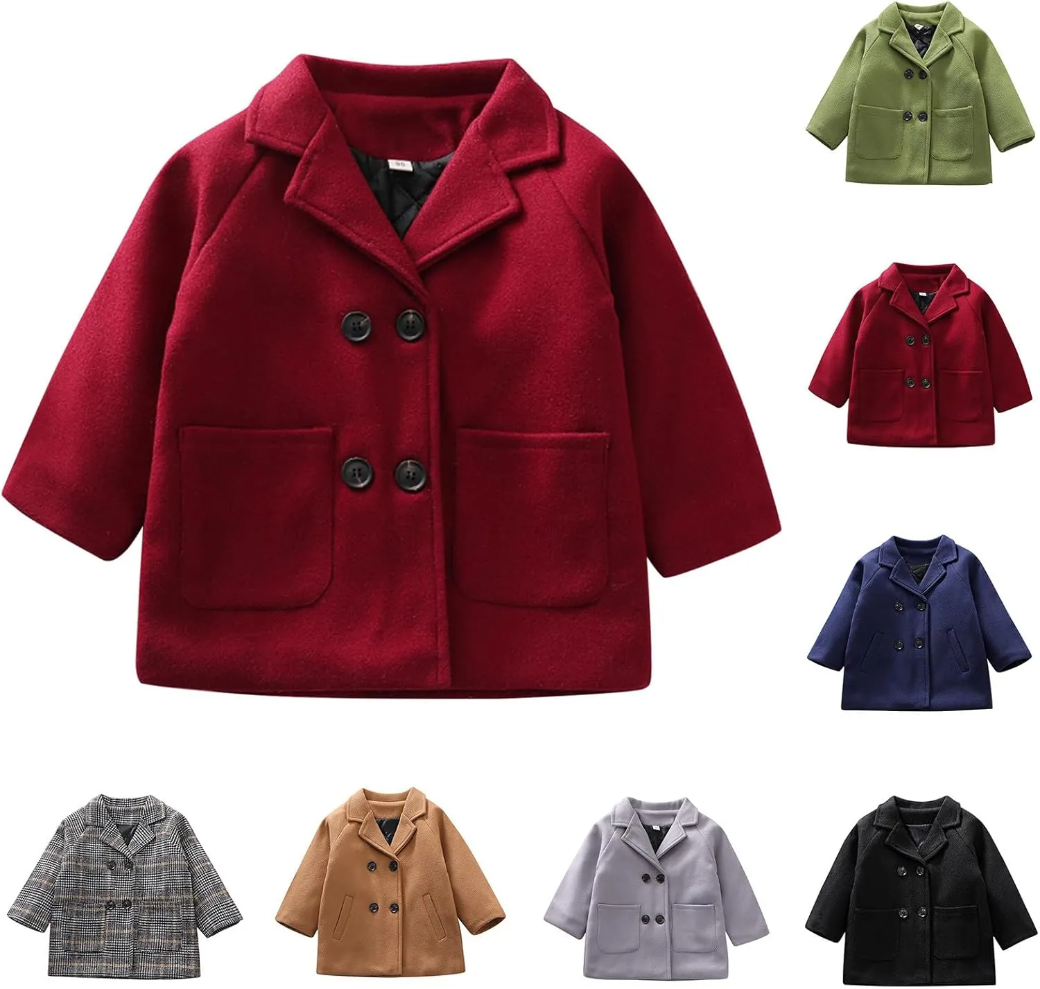 Toddler Kids Plaid Coat Elegant Notched Collar Double Breasted Wool Blend Over Pea Coat Baby Boys Girls Trench Coat Jacket