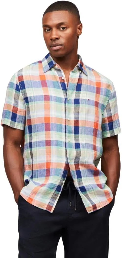 Tommy Hilfiger Men's Short Sleeve Casual Linen Button Down Shirts in Regular Fit