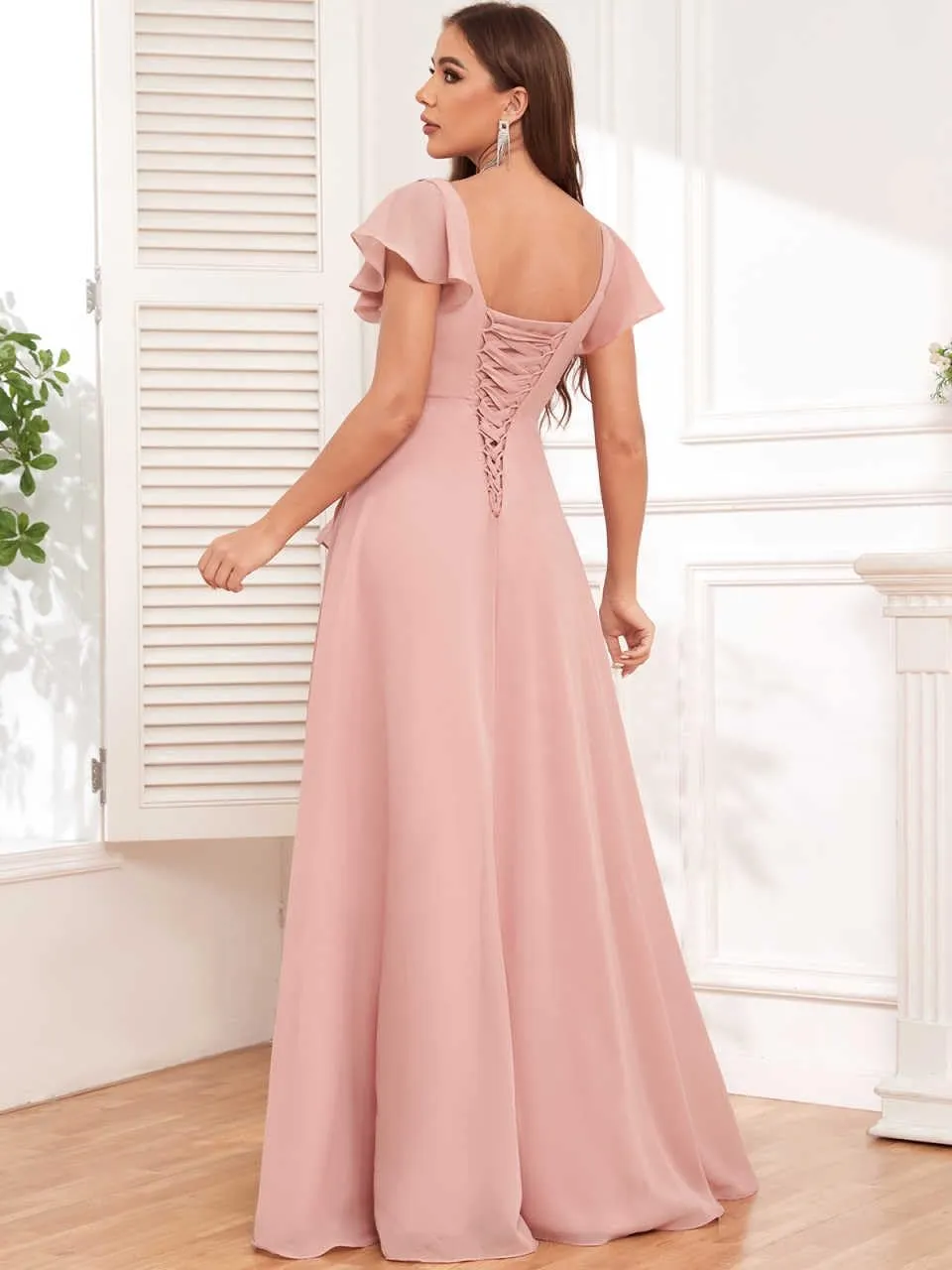 TORYEMY Chiffon Bridesmaid Dresses with Sleeves Long Square Neck Ruffle Formal Evening Dresses for Wedding