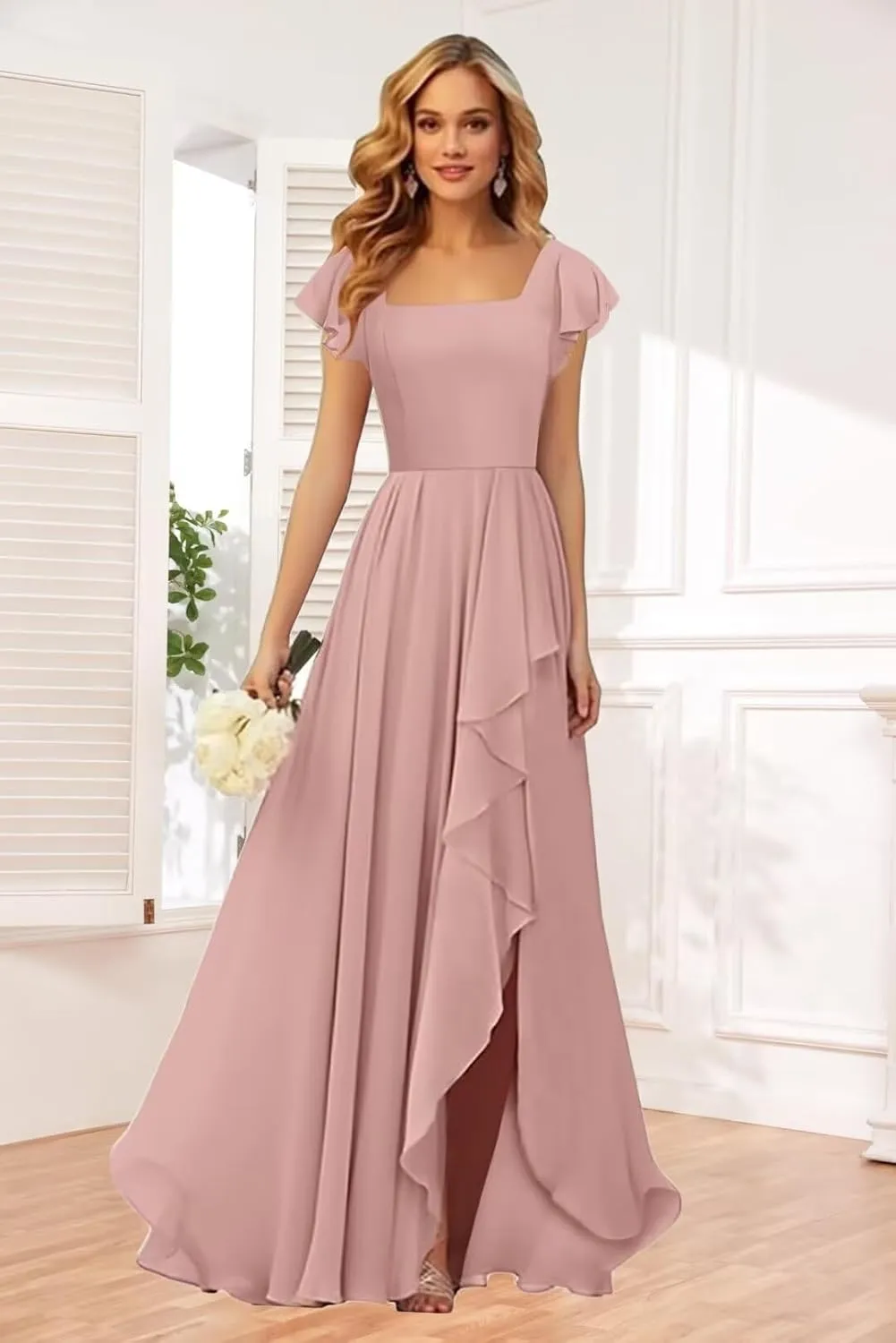 TORYEMY Chiffon Bridesmaid Dresses with Sleeves Long Square Neck Ruffle Formal Evening Dresses for Wedding