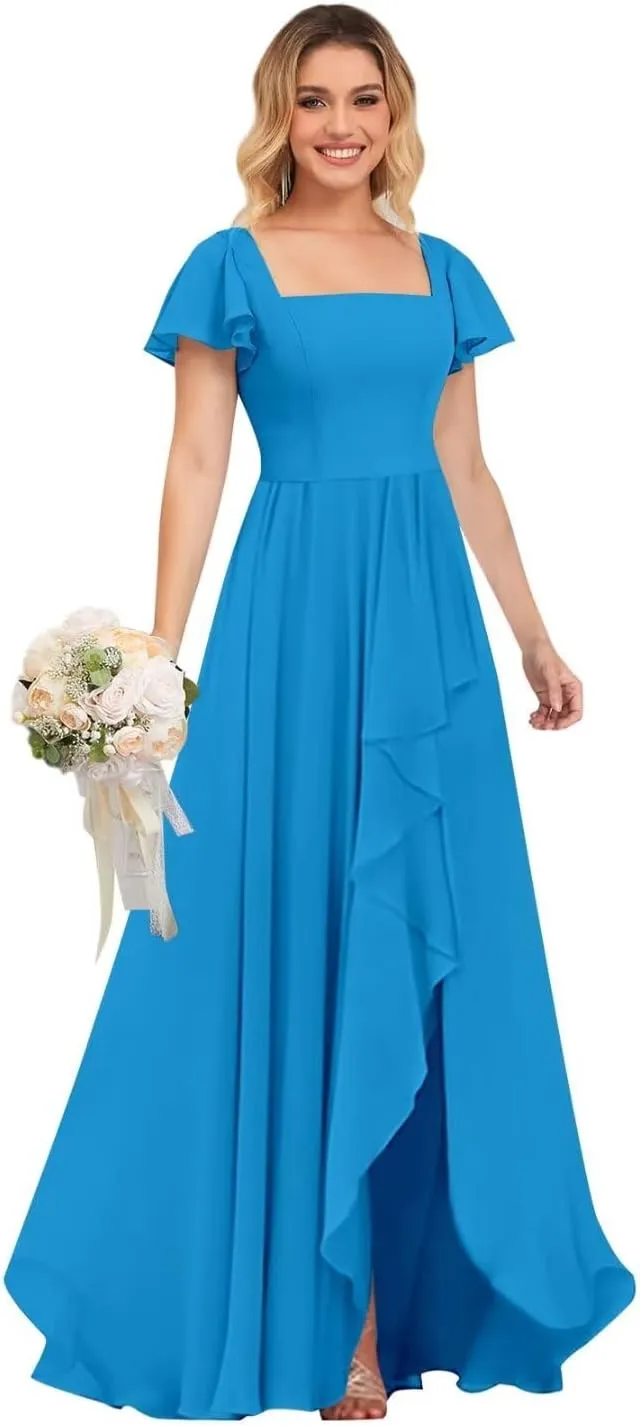 TORYEMY Chiffon Bridesmaid Dresses with Sleeves Long Square Neck Ruffle Formal Evening Dresses for Wedding