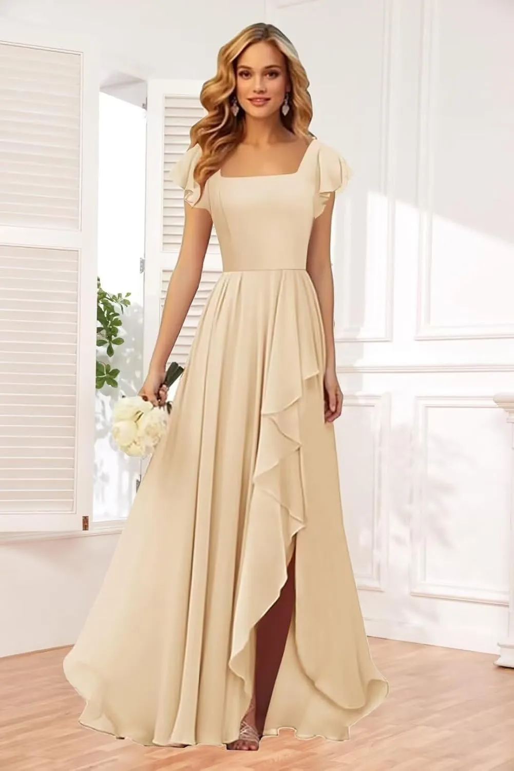 TORYEMY Chiffon Bridesmaid Dresses with Sleeves Long Square Neck Ruffle Formal Evening Dresses for Wedding