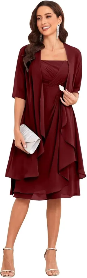 TORYEMY Mother of The Bride Dresses with Jacket 2 Pieces Half Sleeve Knee Length Chiffon Mother Groom Dress