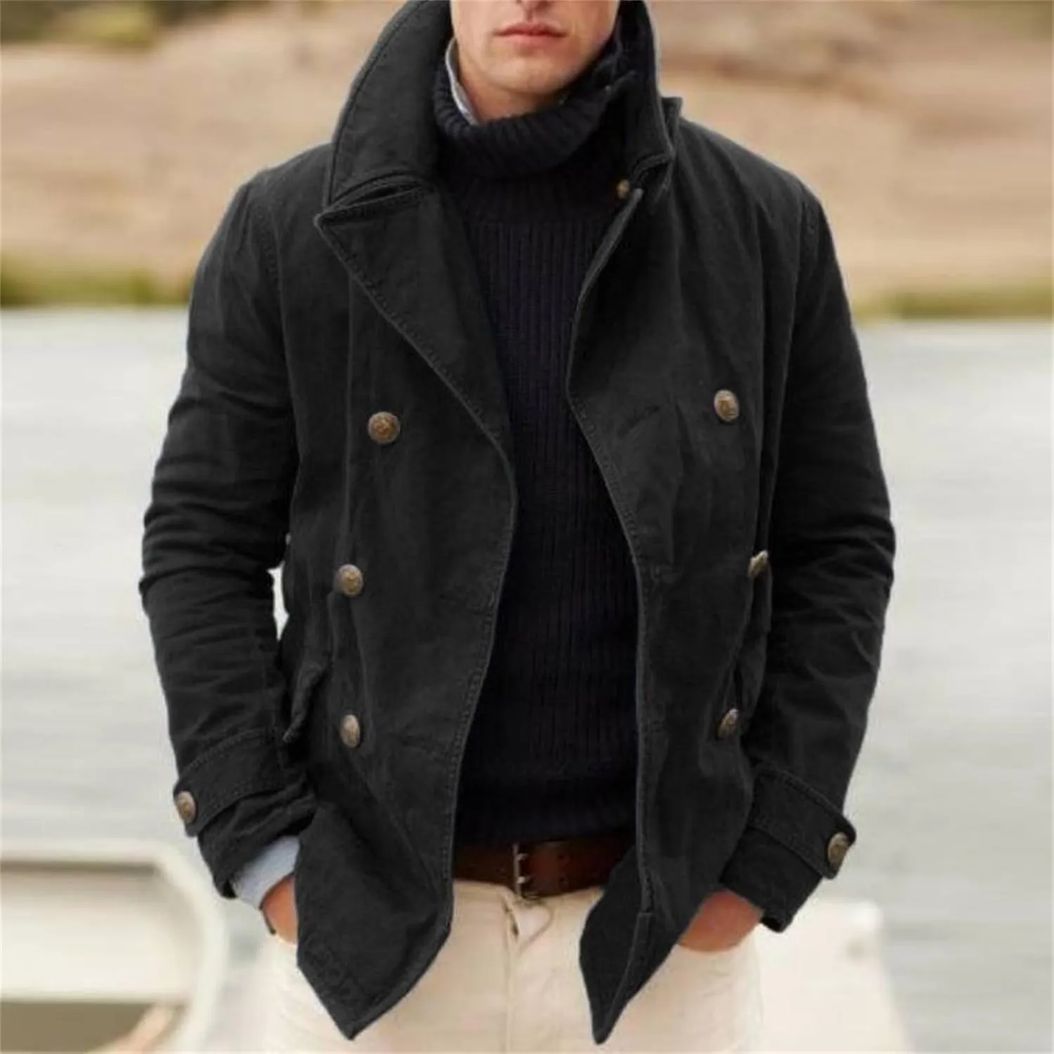 Trench Coat Men Lightweight Double Breasted Slim Fit Jacket Fall Notched Lapel Jackets Windproof Pea Coat for Men
