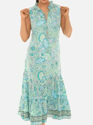 Turquoise & Blue Floral Lace-Up Notch Neck Sleeveless Maxi Dress