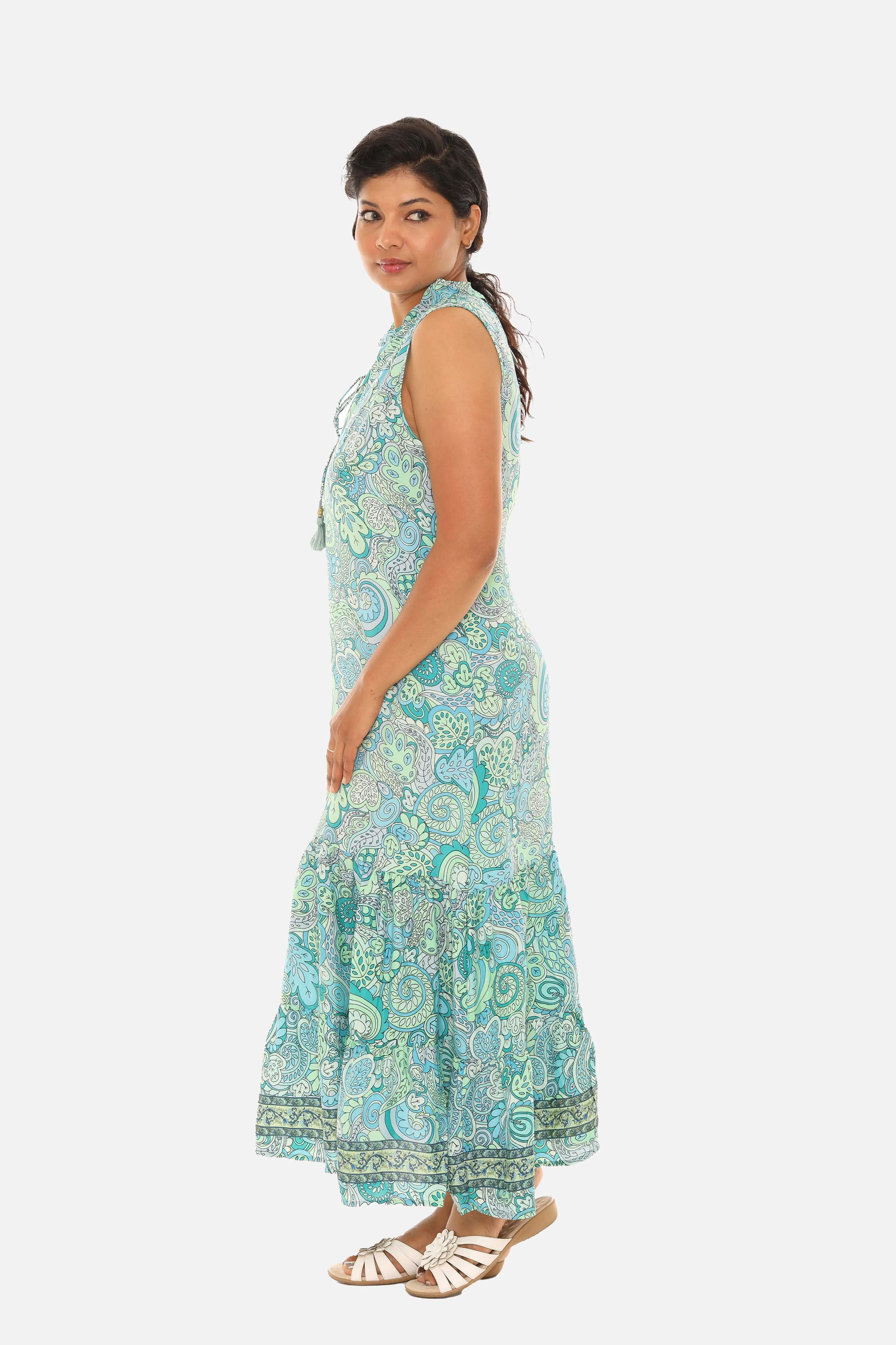 Turquoise & Blue Floral Lace-Up Notch Neck Sleeveless Maxi Dress