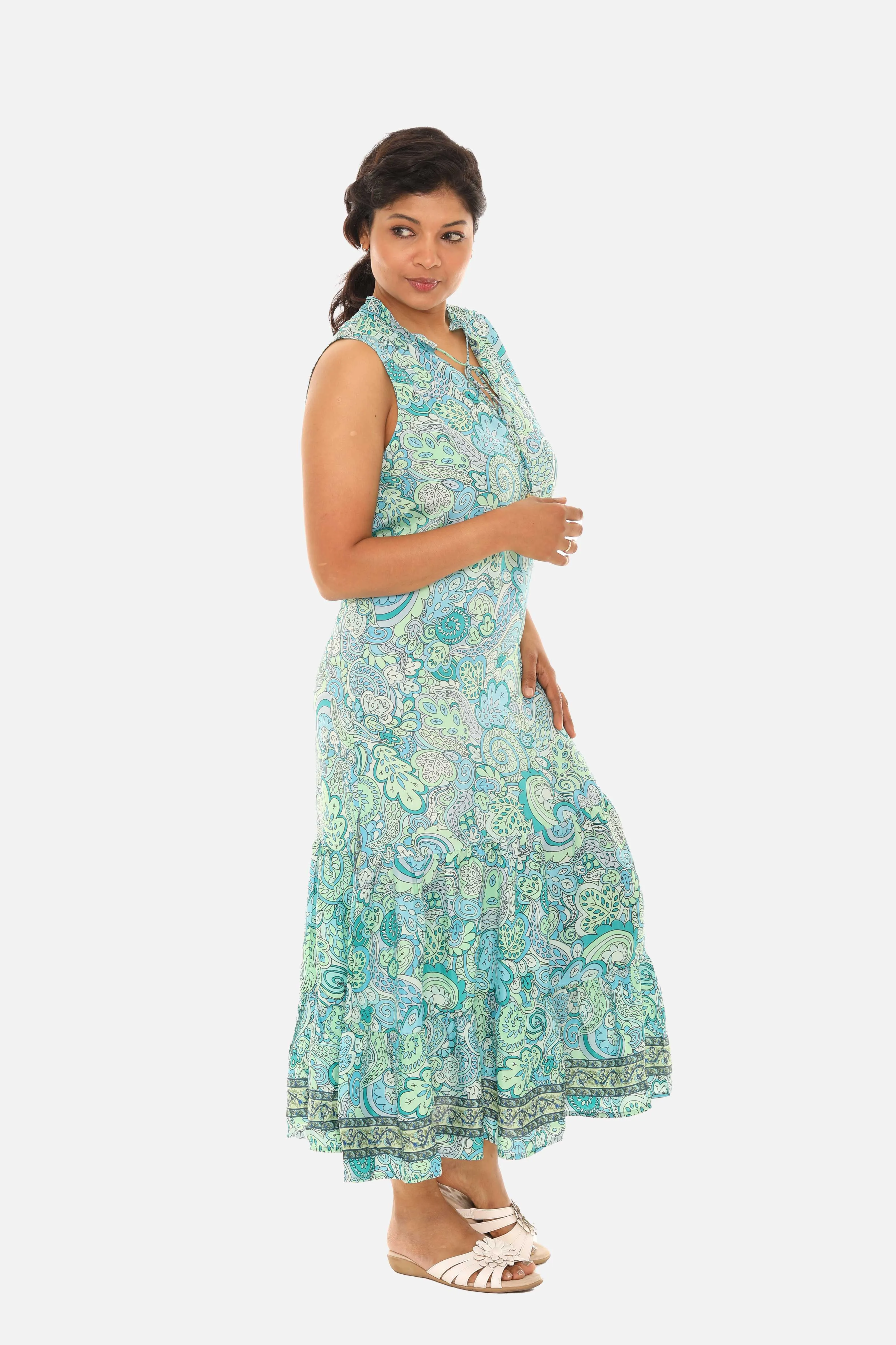 Turquoise & Blue Floral Lace-Up Notch Neck Sleeveless Maxi Dress