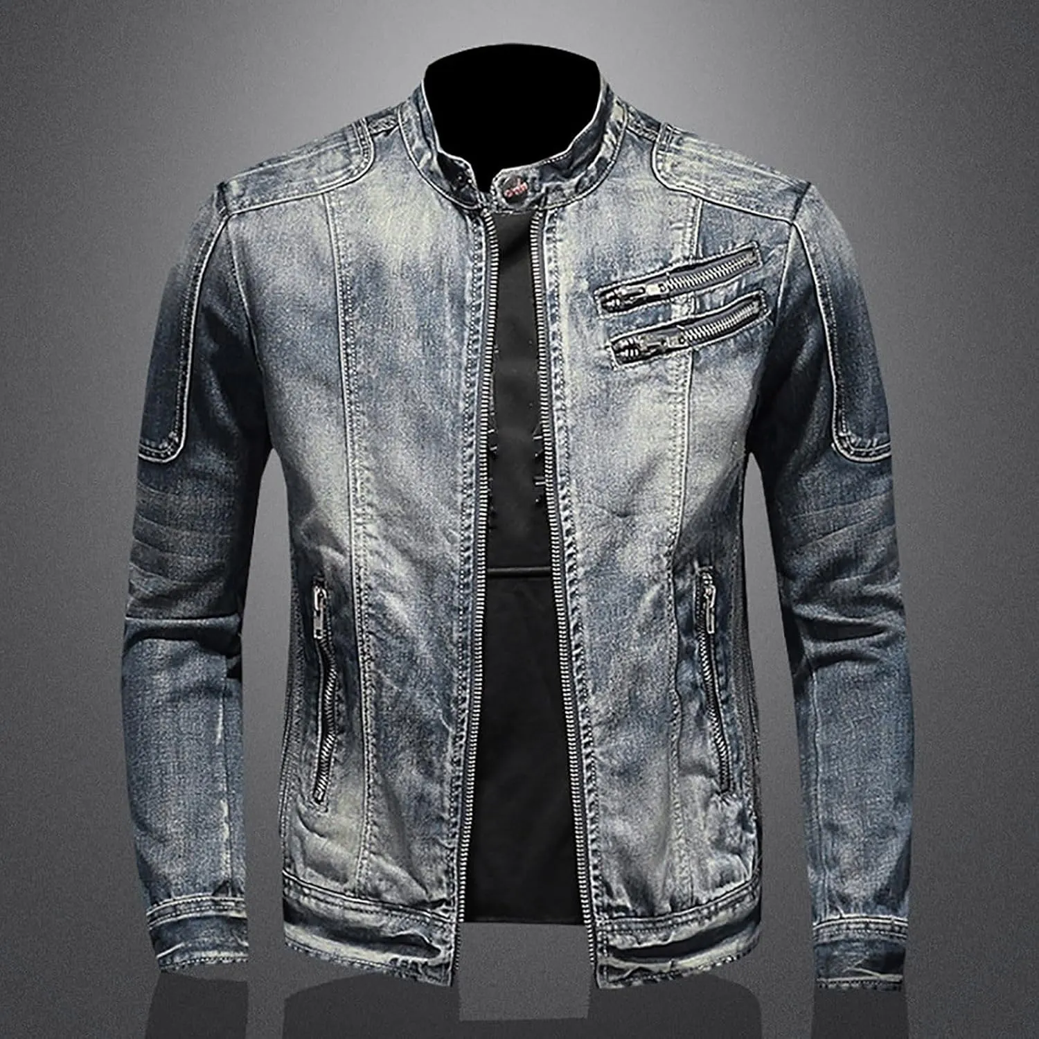 Uillui Men's Distressed Slim Denim Jacket Motorcycle Vintage Slim Fit Zipper Up Biker Jean Rider Jacket Casual Lightweight