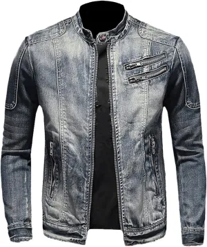 Uillui Men's Distressed Slim Denim Jacket Motorcycle Vintage Slim Fit Zipper Up Biker Jean Rider Jacket Casual Lightweight
