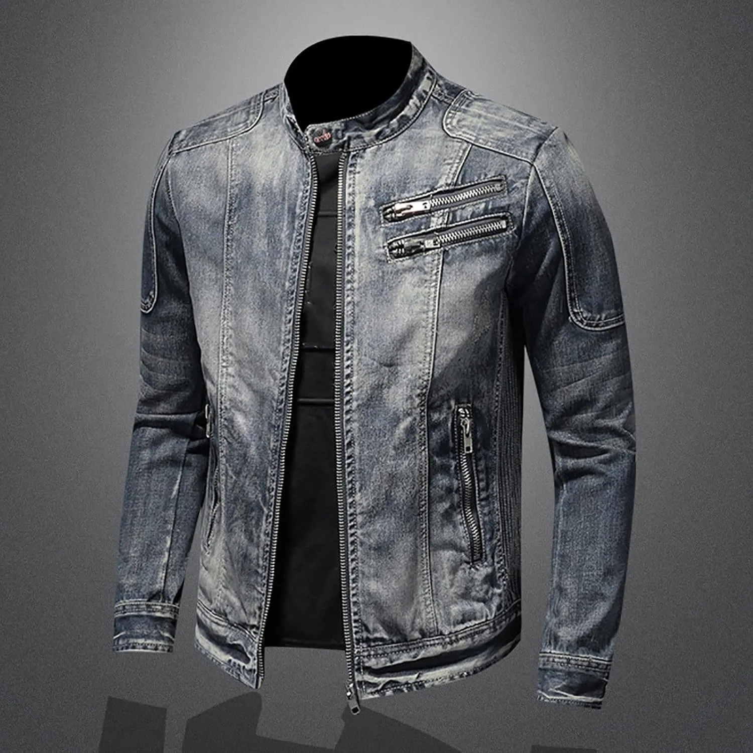 Uillui Men's Distressed Slim Denim Jacket Motorcycle Vintage Slim Fit Zipper Up Biker Jean Rider Jacket Casual Lightweight