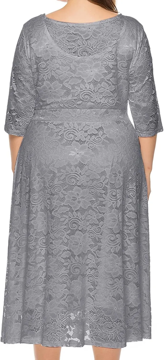 Uillui Women Lace Plus Size Midi Cocktail Dress for Evening Prom Classy Elegant Mock Neck 3/4 Sleeve Flowy a Line Gown Dress