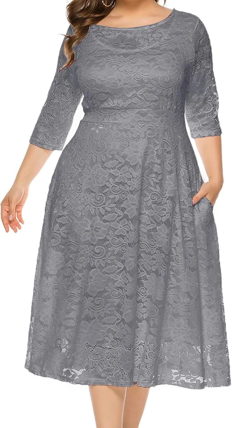 Uillui Women Lace Plus Size Midi Cocktail Dress for Evening Prom Classy Elegant Mock Neck 3/4 Sleeve Flowy a Line Gown Dress