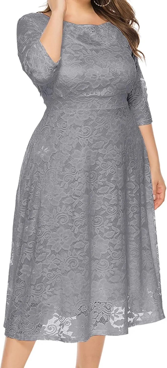 Uillui Women Lace Plus Size Midi Cocktail Dress for Evening Prom Classy Elegant Mock Neck 3/4 Sleeve Flowy a Line Gown Dress