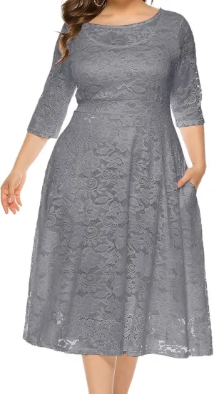 Uillui Women Lace Plus Size Midi Cocktail Dress for Evening Prom Classy Elegant Mock Neck 3/4 Sleeve Flowy a Line Gown Dress