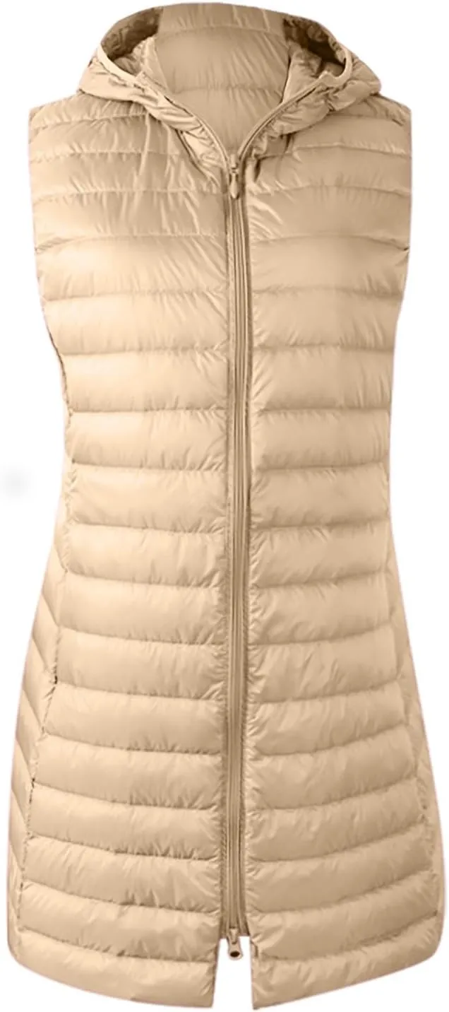 Uillui Womens Down Vest Hooded Quilted Sleeveless Jackets Winter Long Cotton-Padded Waistcoat Lightweight Puffer Gilet Coats