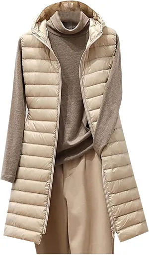 Uillui Womens Down Vest Hooded Quilted Sleeveless Jackets Winter Long Cotton-Padded Waistcoat Lightweight Puffer Gilet Coats