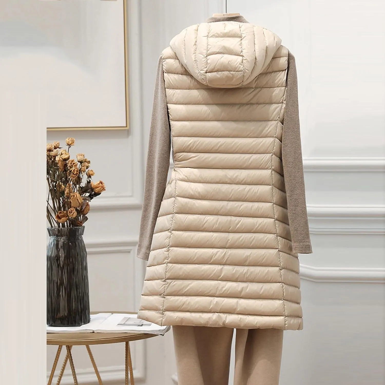 Uillui Womens Down Vest Hooded Quilted Sleeveless Jackets Winter Long Cotton-Padded Waistcoat Lightweight Puffer Gilet Coats