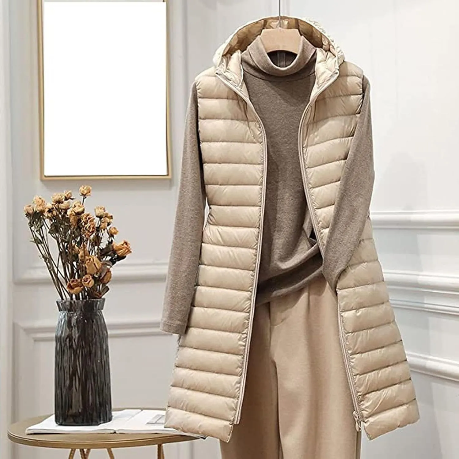 Uillui Womens Down Vest Hooded Quilted Sleeveless Jackets Winter Long Cotton-Padded Waistcoat Lightweight Puffer Gilet Coats