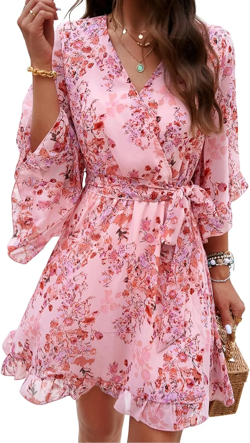 UONBOX Women's Floral Print Boho Dress V Neck Ruffle A-line Beach Mini Dress with Belt