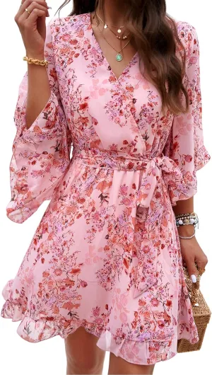 UONBOX Women's Floral Print Boho Dress V Neck Ruffle A-line Beach Mini Dress with Belt