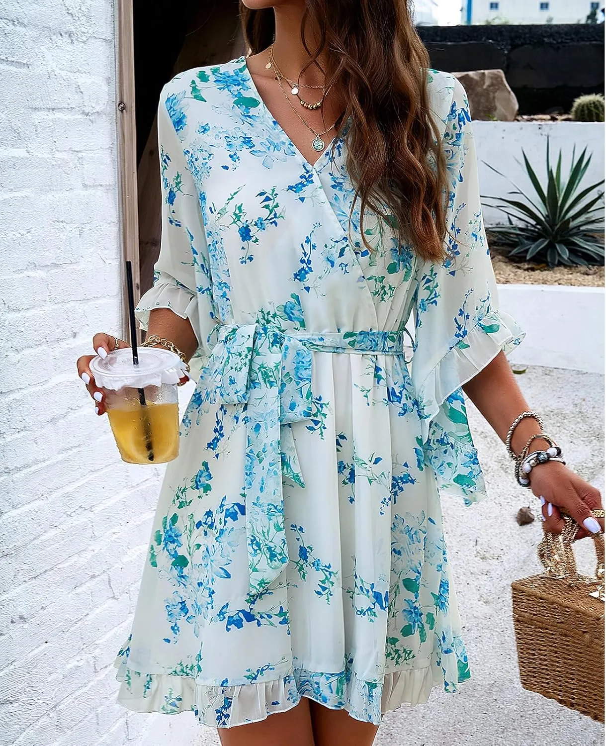 UONBOX Women's Floral Print Boho Dress V Neck Ruffle A-line Beach Mini Dress with Belt