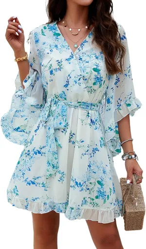UONBOX Women's Floral Print Boho Dress V Neck Ruffle A-line Beach Mini Dress with Belt